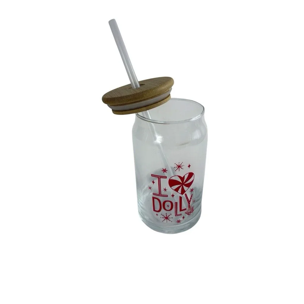 Dolly Parton Holiday Glass  Red “I Love Dolly”  Lid with Straw Peppermint NEW